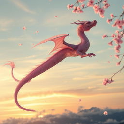 An ethereal sakura long dragon, gracefully soaring through a sky filled with soft pastel colors at sunset