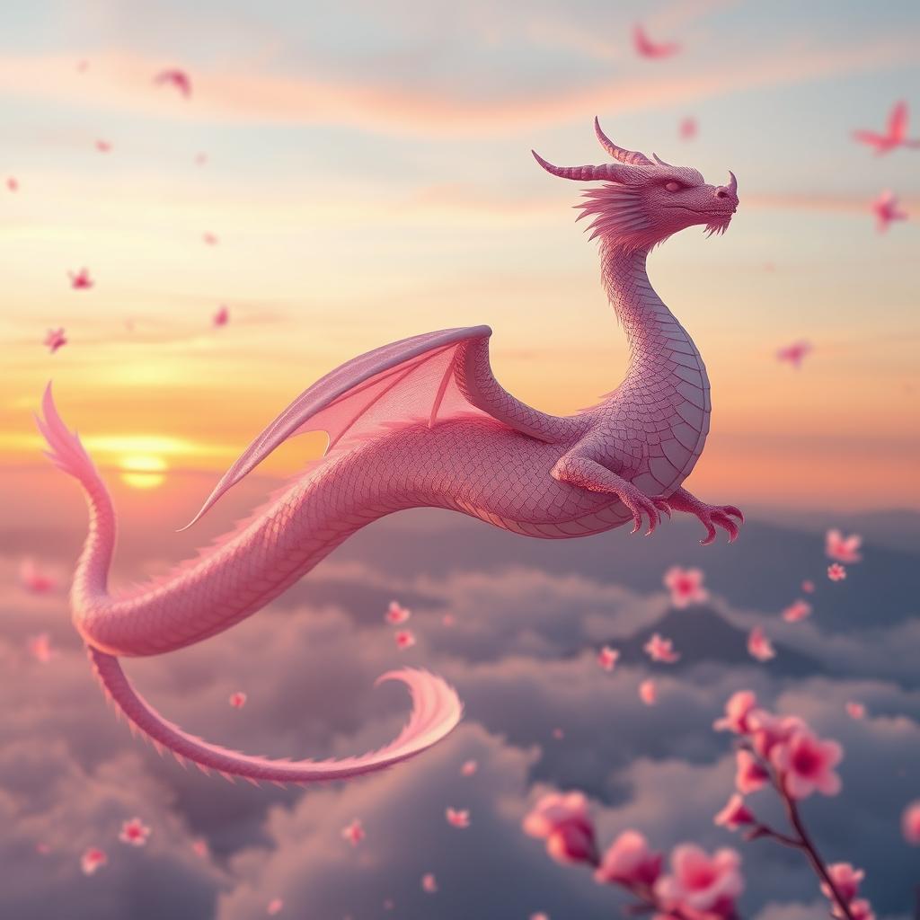 An ethereal sakura long dragon, gracefully soaring through a sky filled with soft pastel colors at sunset