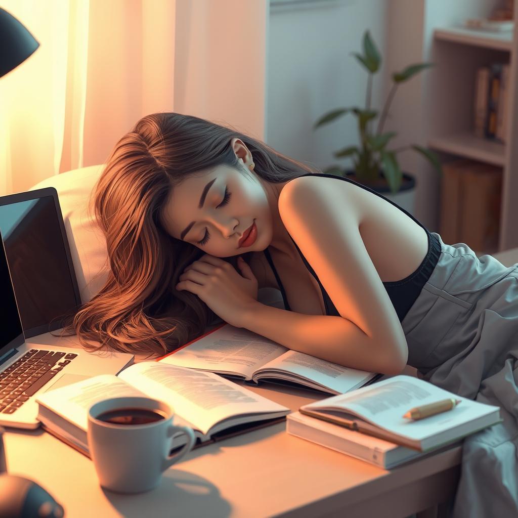 A hot girl peacefully sleeping on her desk, creating a serene and intimate atmosphere