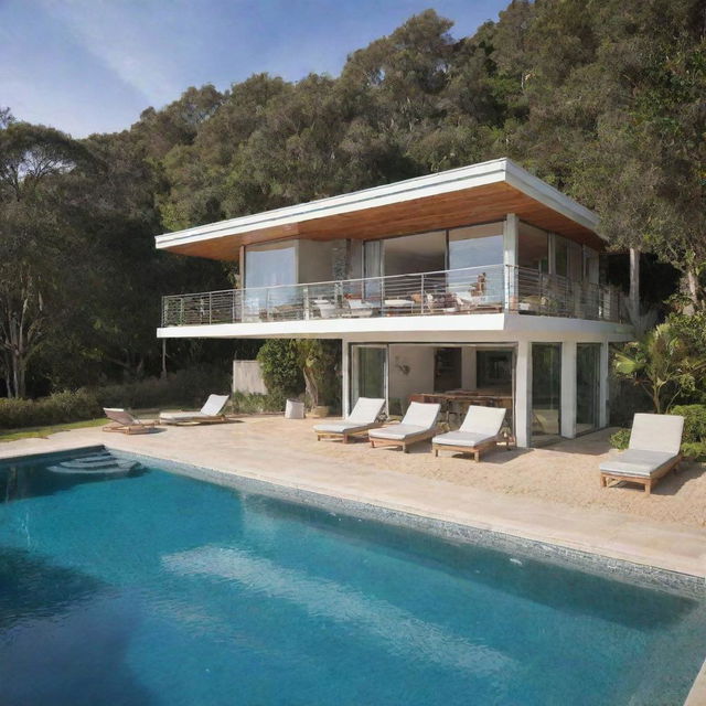 A small beach house with a compact pool and a social zone in the front, serving as a hub of activity with lounge chairs and a dining space for warm beachside gatherings.