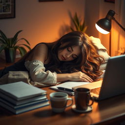 A hot girl peacefully sleeping on her desk, creating a serene and intimate atmosphere