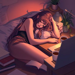 A hot girl peacefully sleeping on her desk, creating a serene and intimate atmosphere