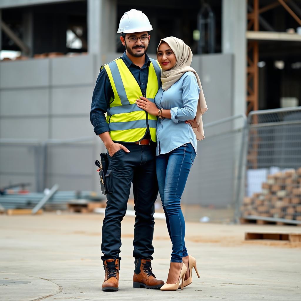 A scene depicting a stylishly dressed man in a full construction outfit, including a safety vest, helmet, and safety shoes