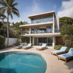 A small beach house with a compact pool and a social zone in the front, serving as a hub of activity with lounge chairs and a dining space for warm beachside gatherings.