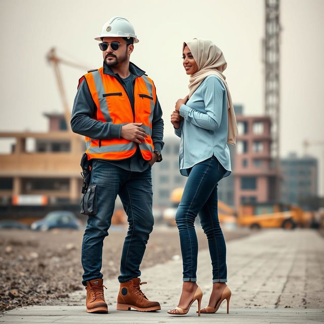 A scene depicting a stylishly dressed man in a full construction outfit, including a safety vest, helmet, and safety shoes