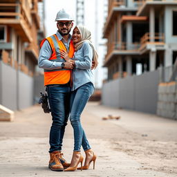 A scene depicting a stylishly dressed man in a full construction outfit, including a safety vest, helmet, and safety shoes