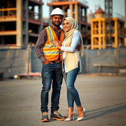 A scene depicting a stylishly dressed man in a full construction outfit, including a safety vest, helmet, and safety shoes