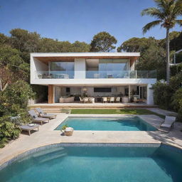 A small beach house with a compact pool and a social zone in the front, serving as a hub of activity with lounge chairs and a dining space for warm beachside gatherings.