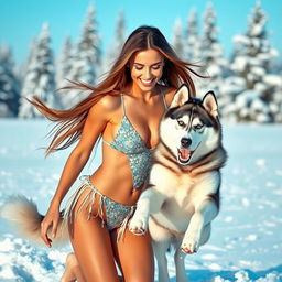 A hot skinny Russian girl wearing a stylish ice bikini, playful and joyful, frolicking in the snow with an adorable husky dog