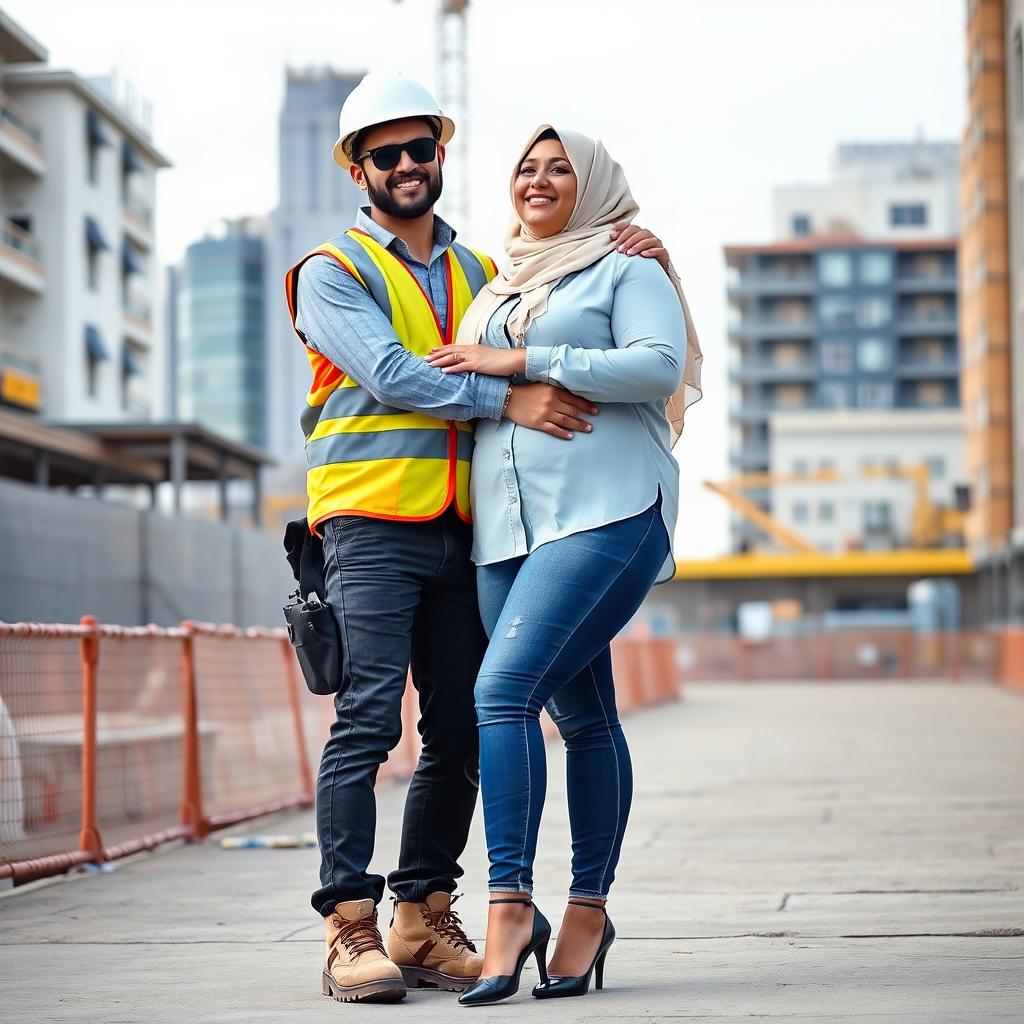 A scene featuring a slim man wearing black sunglasses in a full construction outfit, complete with a safety vest, helmet, and safety shoes