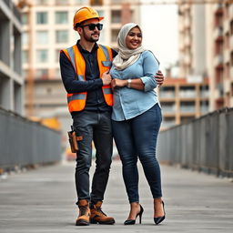 A scene featuring a slim man wearing black sunglasses in a full construction outfit, complete with a safety vest, helmet, and safety shoes