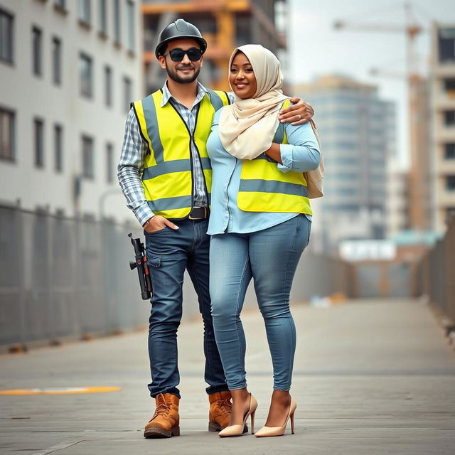 A scene featuring a slim man wearing black sunglasses in a full construction outfit, complete with a safety vest, helmet, and safety shoes