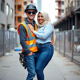 A scene featuring a slim man wearing black sunglasses in a full construction outfit, complete with a safety vest, helmet, and safety shoes