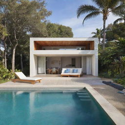 A very small beach house with a compact front pool and a social area facing the front, which boasts a casual outdoor living space optimized for relaxation and convivial gatherings.