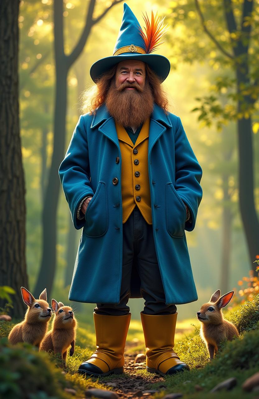 A hyper-realistic live-action depiction of Tom Bombadil, standing 6 feet tall amidst a stunning natural landscape