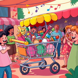 A whimsical scene featuring a vibrant, cartoonish shopping cart, referred to as a 'carrito sonoro,' filled with colorful musical instruments like tambourines, maracas, and small drums