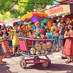 A whimsical scene featuring a vibrant, cartoonish shopping cart, referred to as a 'carrito sonoro,' filled with colorful musical instruments like tambourines, maracas, and small drums