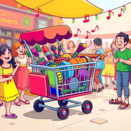 A whimsical scene featuring a vibrant, cartoonish shopping cart, referred to as a 'carrito sonoro,' filled with colorful musical instruments like tambourines, maracas, and small drums