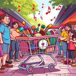 A whimsical scene featuring a vibrant, cartoonish shopping cart, referred to as a 'carrito sonoro,' filled with colorful musical instruments like tambourines, maracas, and small drums