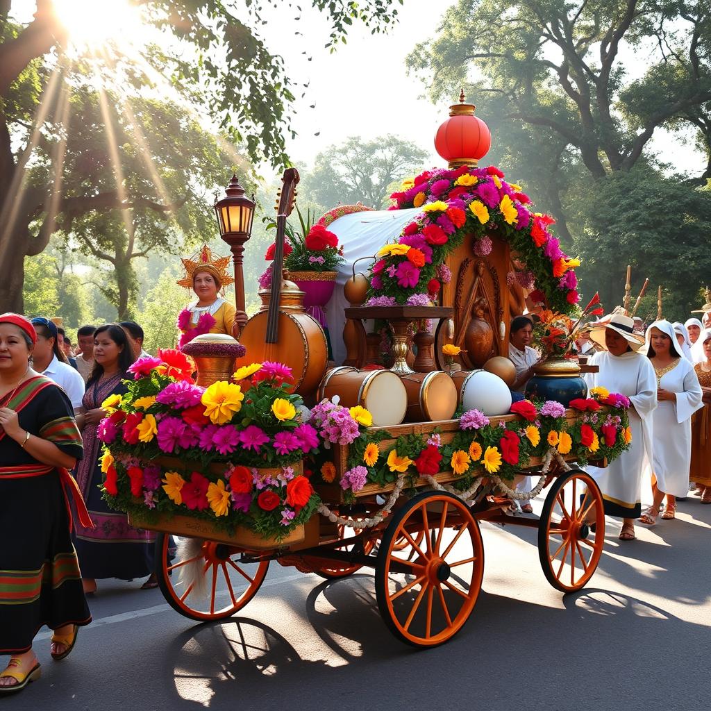 A vibrant 'carrito sonoro' designed for a pilgrimage, featuring a beautifully decorated cart adorned with colorful flowers, traditional symbols, and lanterns