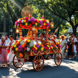 A vibrant 'carrito sonoro' designed for a pilgrimage, featuring a beautifully decorated cart adorned with colorful flowers, traditional symbols, and lanterns