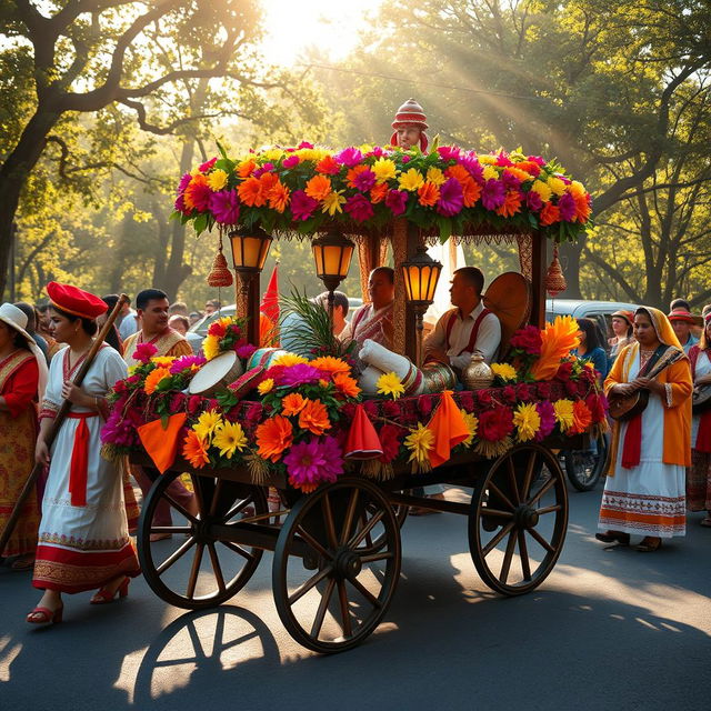 A vibrant 'carrito sonoro' designed for a pilgrimage, featuring a beautifully decorated cart adorned with colorful flowers, traditional symbols, and lanterns