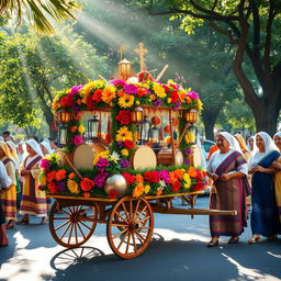 A vibrant 'carrito sonoro' designed for a pilgrimage, featuring a beautifully decorated cart adorned with colorful flowers, traditional symbols, and lanterns