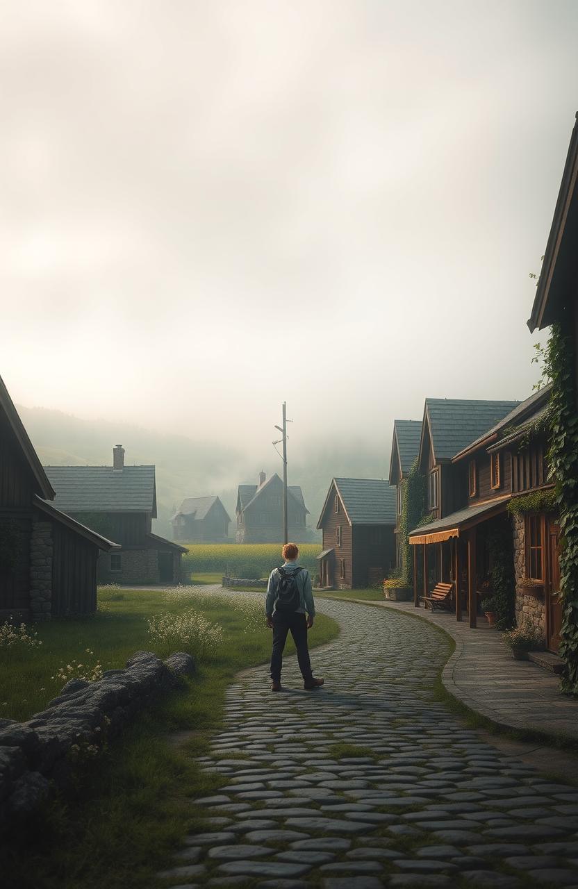 A solitary figure standing in the midst of an unseen, mysterious village, with quaint, rustic buildings made of wood and stone, enveloped by an atmosphere of fog and serene silence