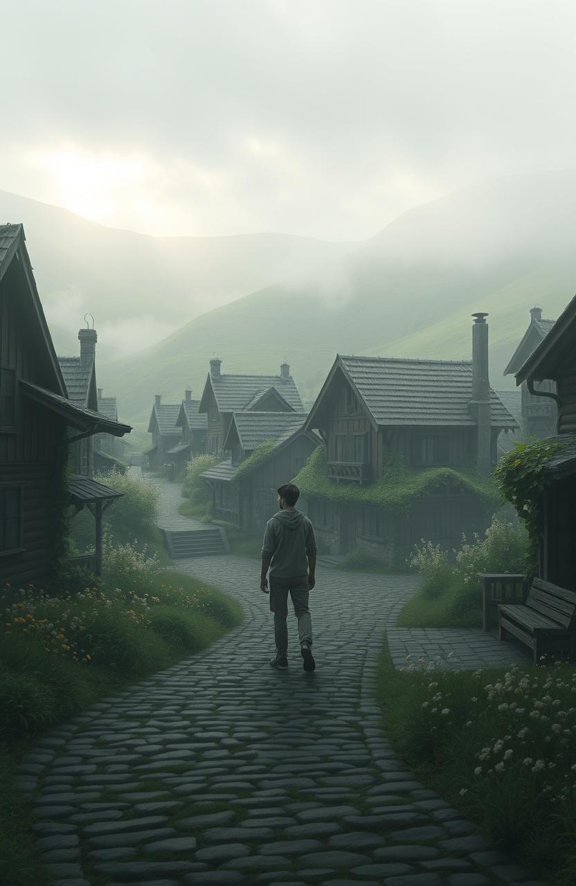 A solitary figure standing in the midst of an unseen, mysterious village, with quaint, rustic buildings made of wood and stone, enveloped by an atmosphere of fog and serene silence