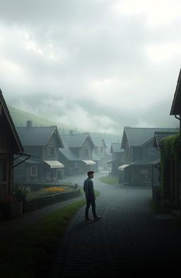 A solitary figure standing in the midst of an unseen, mysterious village, with quaint, rustic buildings made of wood and stone, enveloped by an atmosphere of fog and serene silence