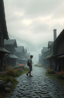 A solitary figure standing in the midst of an unseen, mysterious village, with quaint, rustic buildings made of wood and stone, enveloped by an atmosphere of fog and serene silence