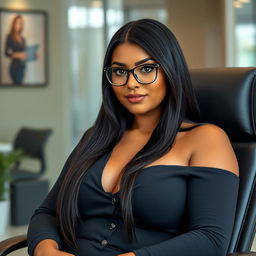 A stunning Brazilian female boss, aged 18, sitting confidently in a stylish office chair