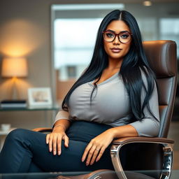 A stunning Brazilian female boss, aged 18, sitting confidently in a stylish office chair