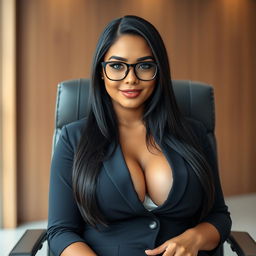 A stunning Brazilian female boss, aged 18, sitting confidently in a stylish office chair