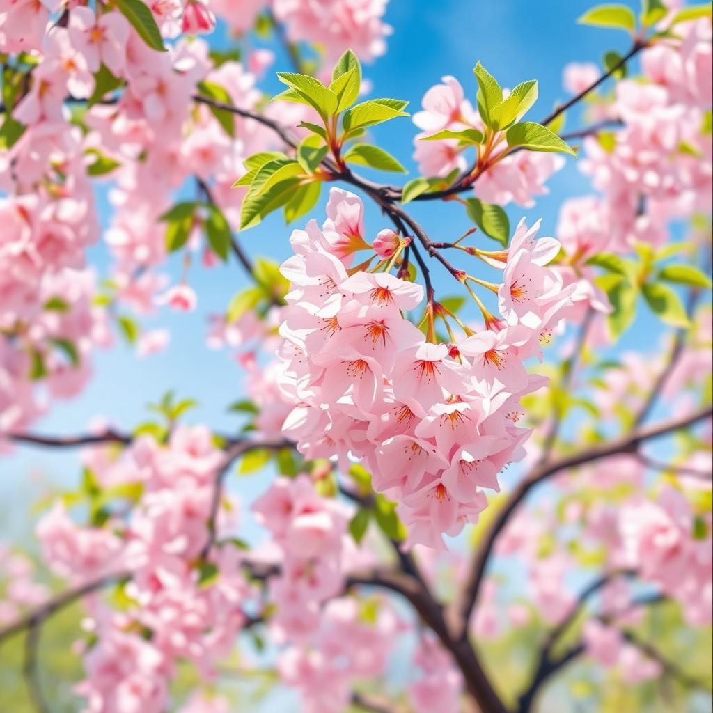 A beautiful cherry blossom tree in full bloom, with soft pink flowers cascading gracefully from the branches