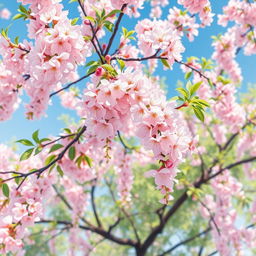 A beautiful cherry blossom tree in full bloom, with soft pink flowers cascading gracefully from the branches