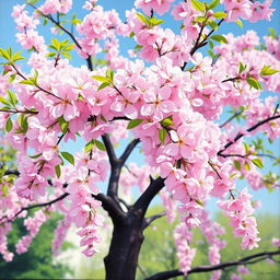 A beautiful cherry blossom tree in full bloom, with soft pink flowers cascading gracefully from the branches