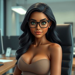 A realistic AI avatar of an 18-year-old Brazilian woman sitting in a chair in front of an office desk, gazing directly at the viewer