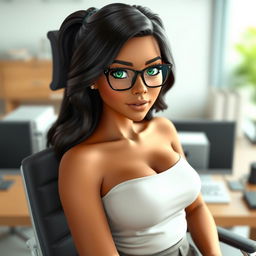 A realistic AI avatar of an 18-year-old Brazilian woman sitting in a chair in front of an office desk, gazing directly at the viewer