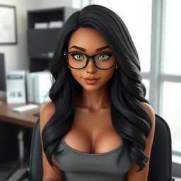 A realistic AI avatar of an 18-year-old Brazilian woman sitting in a chair in front of an office desk, gazing directly at the viewer