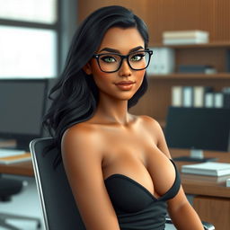 A realistic AI avatar of an 18-year-old Brazilian woman sitting in a chair in front of an office desk, gazing directly at the viewer