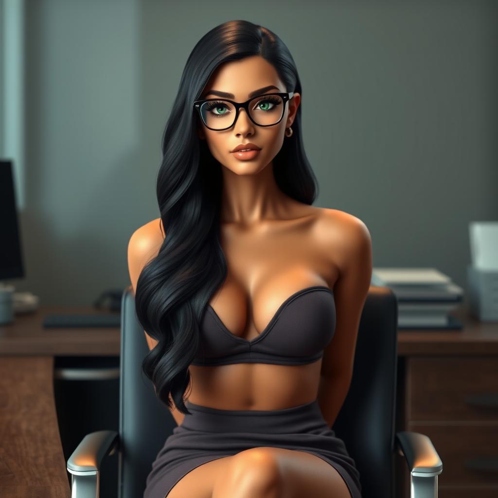 A realistic AI avatar of an 18-year-old Brazilian woman sitting in a chair in front of an office desk, gazing directly at the viewer