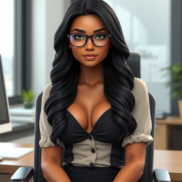 A realistic AI avatar of an 18-year-old Brazilian woman sitting in a chair in front of an office desk, gazing directly at the viewer