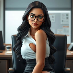 A realistic AI avatar of an 18-year-old Brazilian woman sitting in a chair in front of an office desk, gazing directly at the viewer