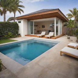 A very small, homely beach house with a compact front pool and an inviting social area at the front, infused with warmth and comfort to create an atmosphere that's truly welcoming.