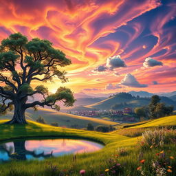 A whimsical fantasy landscape featuring a vibrant, sunset-lit sky with swirling clouds in shades of orange, pink, and purple