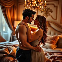 A passionate and intimate scene depicting two adults exploring their romantic connection in a luxurious bedroom setting, featuring soft lighting and rich textures