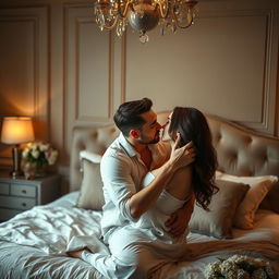 A passionate and intimate scene depicting two adults exploring their romantic connection in a luxurious bedroom setting, featuring soft lighting and rich textures