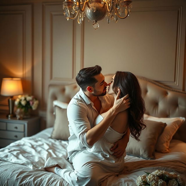 A passionate and intimate scene depicting two adults exploring their romantic connection in a luxurious bedroom setting, featuring soft lighting and rich textures