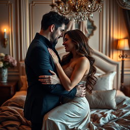 A passionate and intimate scene depicting two adults exploring their romantic connection in a luxurious bedroom setting, featuring soft lighting and rich textures